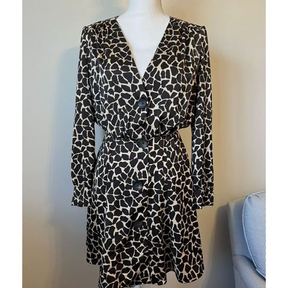 Zara Giraffe Brown Animal Print V-Neck Long Sleeve Button Up Mini Dress - Picture 1 of 10